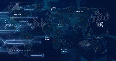 Image of circuit board, world map and data processing over blue background Stock Photos
