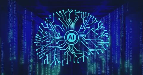 Image of circular ai scanner and motherboard brain network over blue computer イラスト素材