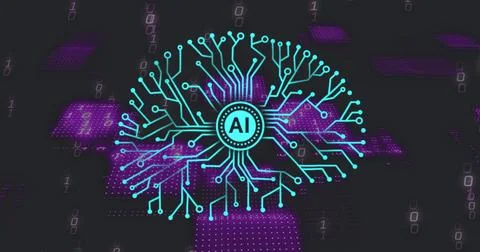 Image of circular ai scanner and motherboard brain network over processing data Illustrazione stock
