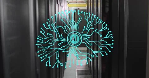 Image of circular ai scanner and motherboard brain network over computer server Fotos de archivo