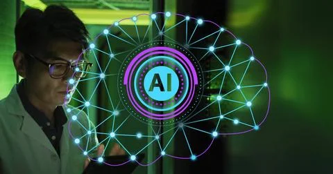 Image of circular ai scanner and brain network over asian male technician in 写真素材