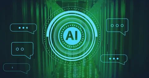 Image of circular ai scanner and chat bot message icons over glowing server room Stock Photos