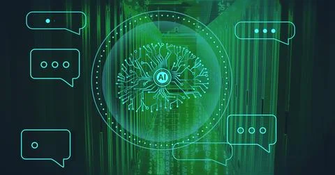 Image of circular ai scanner network and chat bot message icons over glowing Stock Photos