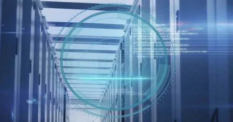 Image of circular biometric eye scanner and processing data over server room Stock Photos
