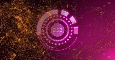 Image of circular digital interface with orange particles Illustrazione stock