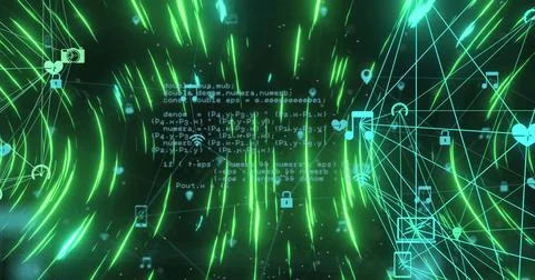 Image of circular pattern and connected icons forming globes with computer 스톡 일러스트