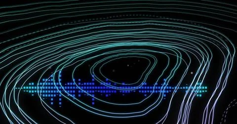 Image of circular pattern and sound wave against black background Stock Illustration