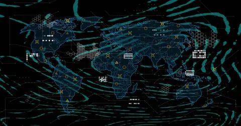 Image of circular pattern over circuit board pattern on map against black Stock Photos