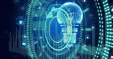 Image of circular scanner and data processing, light bulb and networks on dark Stock Illustration