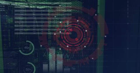 Image of circular scanner and data processing on interface screens over computer Stock Photos