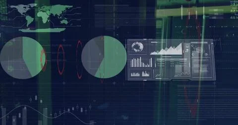Image of circular scanner and data processing on interface screens over computer Stockfoto's