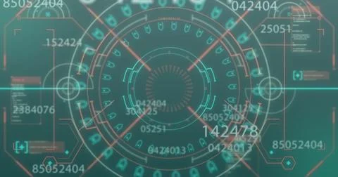 Image of circular scanner and numeric data processing on dark green background Foto stock