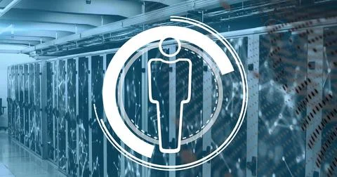Image of circular scanner and person icon and networks over computer server room Stock Photos