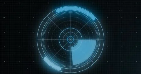 Image of circular scanner and processing data on interface with black background Stock Photos
