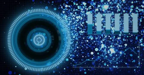 Image of circular scanner and processing data over blue particles on black 스톡 사진