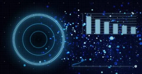 Image of circular scanner and processing data over blue particles on black Stock Photos