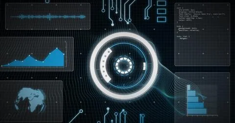 Image of circular scanner and processing data on interface over motherboard on Stock Photos
