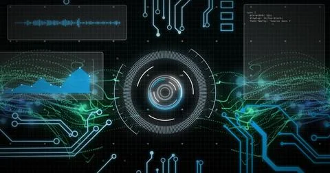 Image of circular scanner and processing data on interface over motherboard on Stock Photos