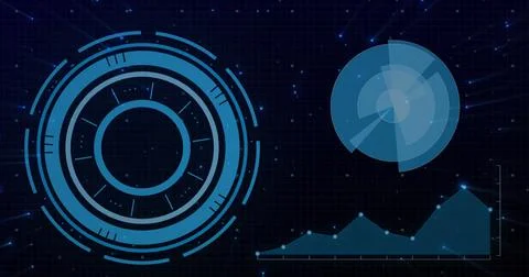 Image of circular scanner and processing data on interface with blue comets on Foto stock