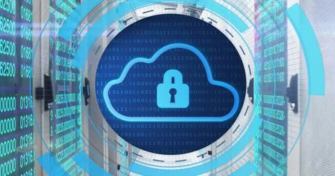 Image of circular scanner with cloud and padlock icons and data over server room Stock Photos