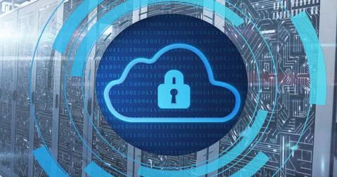 Image of circular scanner, cloud and padlock icons and network over server room Stockfoto's