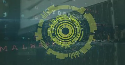 Image of circular scanner, data processing and security warning text over Stock Photos