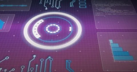 Image of circular scanner, light and charts processing data on dark purple イラスト素材