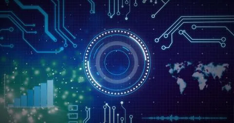 Image of circular scanner with motherboard, data and green particles on black 写真素材