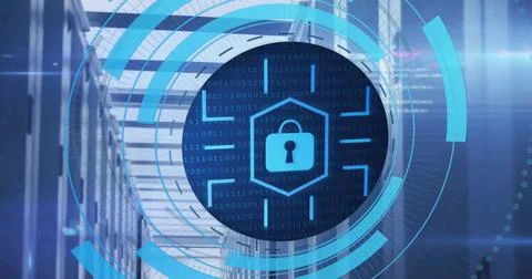 Image of circular scanner with network security padlock icon over server room Stockfoto's