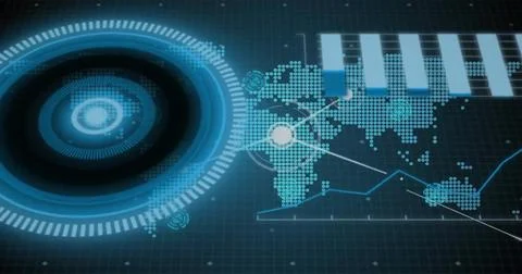 Image of circular scanner over charts, world map and communication network on Stock Illustration