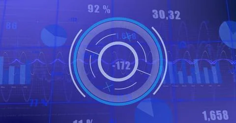 Image of circular scanner over charts and processing data on blue background Stock Photos