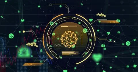 Image of circular scanner over global network and processing data on black Illustrazione stock