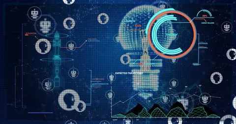 Image of circular scanner over light bulb, processing data, chatbot and people Stock Illustration