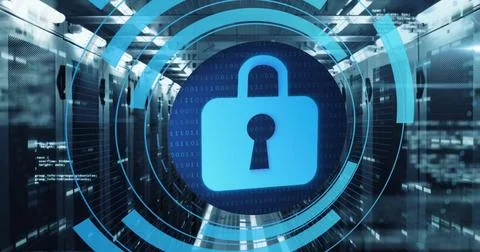 Image of circular scanner with padlock security icon processing over server room Stockfoto's