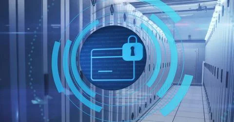 Image of circular scanner processing bank card with padlock icon over server Stockfoto's