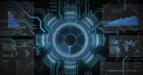 Image of circular scanner processing data on interface over motherboard on black Foto stock