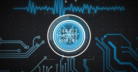Image of circular scanner processing data with motherboard network and graph on Stock Photos