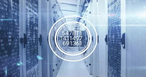 Image of circular scanner processing numeric data over server room 스톡 사진