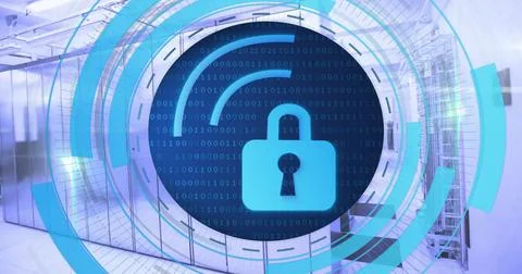 Image of circular scanner processing wifi with padlock icon over server room Stockfoto's