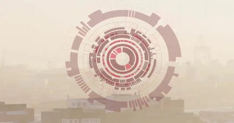 Image of circular scanner, red globe and data processing over cityscape Foto stock