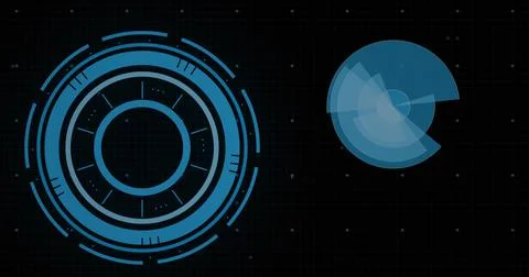 Image of circular scanners and loading rings processing data on black background 写真素材