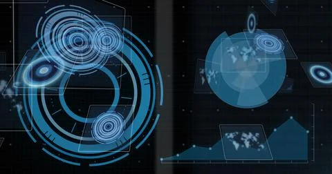 Image of circular scanners and loading rings processing data on black background Stock Photos