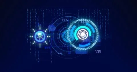 Image of circular scanners processing data on dark blue background 스톡 사진