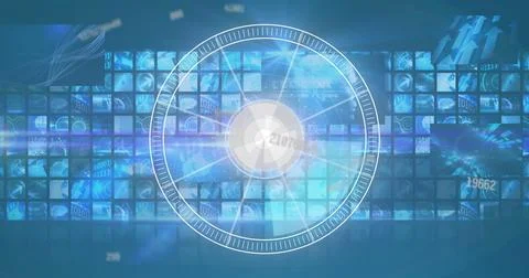 Image of circular scope and rising numbers with composite screens behind 스톡 일러스트