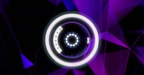 Image of circular scope scanning with purple shapes moving behind on black Stockillustratie
