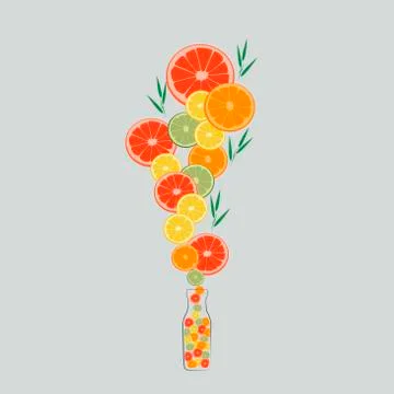 Image of citrus fruit falling into a juice bottle. For decoration of kitchen Stock Illustration