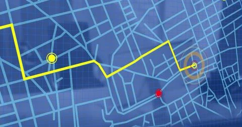 Image of city map with gps over office desk with computer Ilustração Stock