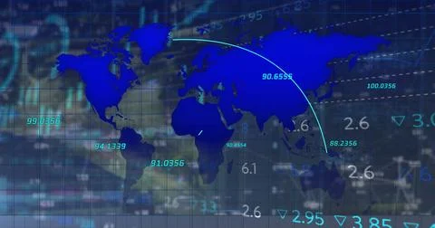 Image of cityscape and world map over data processing 스톡 일러스트