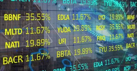 Image of cityscape, processing circle, graphs and financial data on digital.. Stock Photos