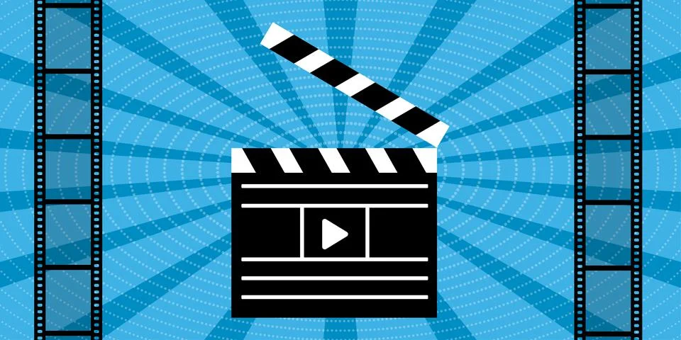 Image of Clapperboard with start button. Cinema screen and film strip. Cinema イラスト素材